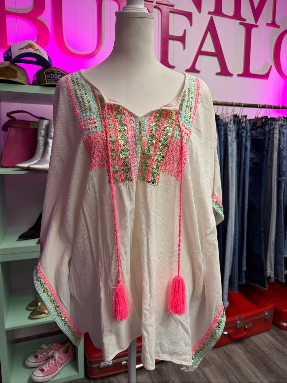 Lilly Pulitzer Ivory Tunic with Neon Pink & Mint Embroidery